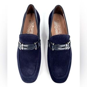 Salvatore Ferragamo Tucker Navy Blue Suede Leather Gancini Loafers US 6 - EU 40
